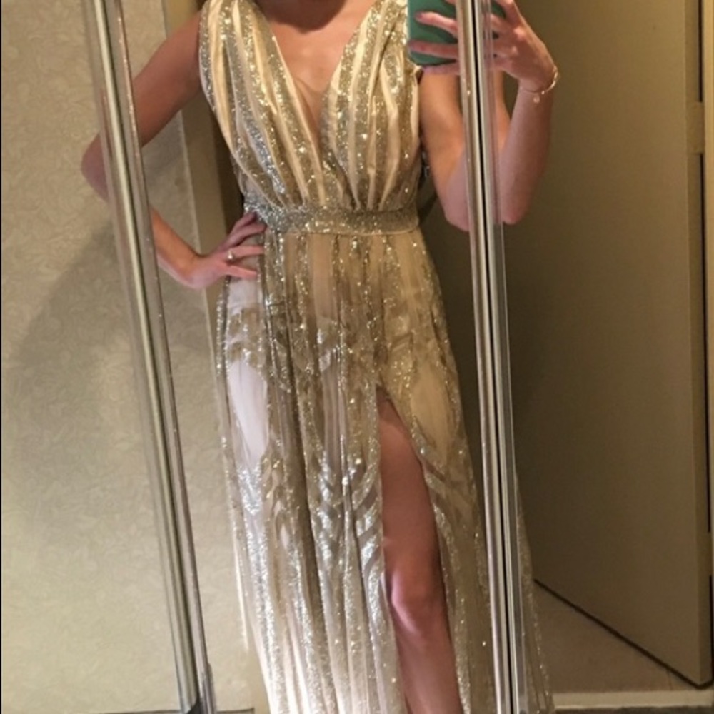 Handmade Nigerian gold sparkle formal dress; low cut neck and high slit